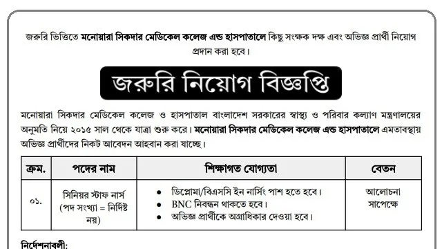 মনোয়ারা সিকদার মেডিকেলে নার্স নিয়োগ বিজ্ঞপ্তি